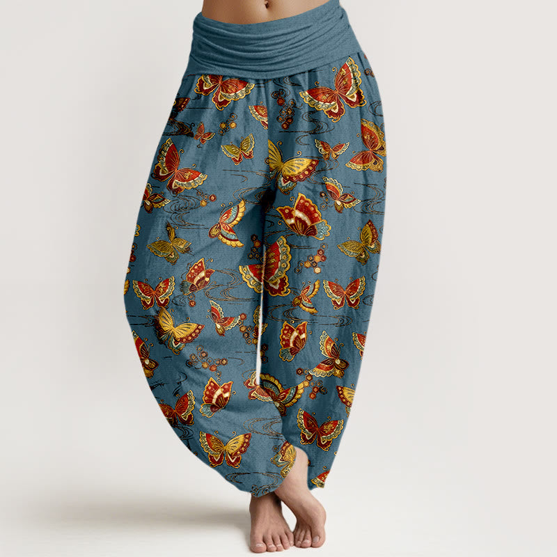 Pantalones harén de algodón con estampado de mariposas de colores y Buddha Stones para mujer con cintura elástica - Azul acero - US16，UK/AU20，EU48 (3XL) - image 5