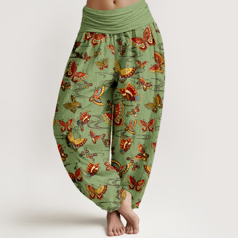 Pantalones harén de algodón con estampado de mariposas de colores y Buddha Stones para mujer con cintura elástica - AmarilloVerde - US16，UK/AU20，EU48 (3XL) - image 8