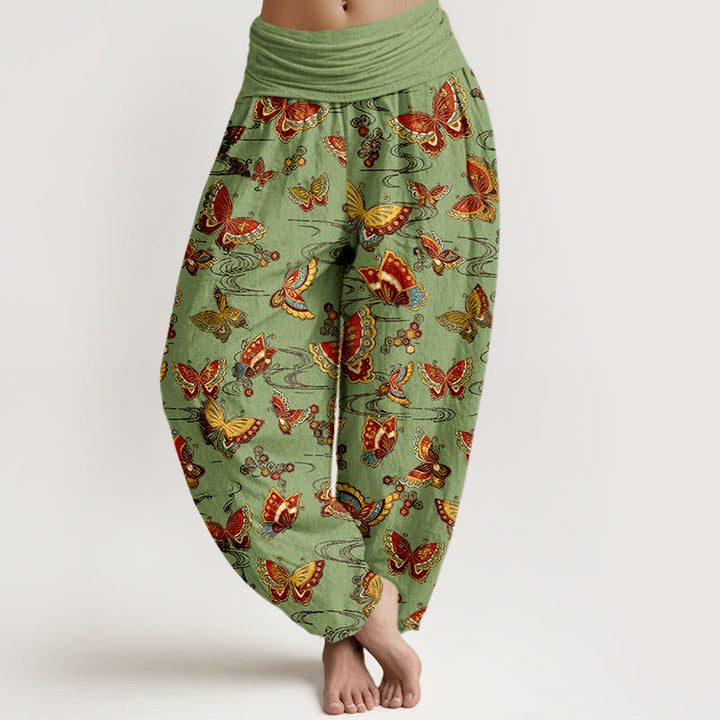 Pantalones harén de algodón con estampado de mariposas de colores y Buddha Stones para mujer con cintura elástica - AmarilloVerde - US16，UK/AU20，EU48 (3XL) - image 8