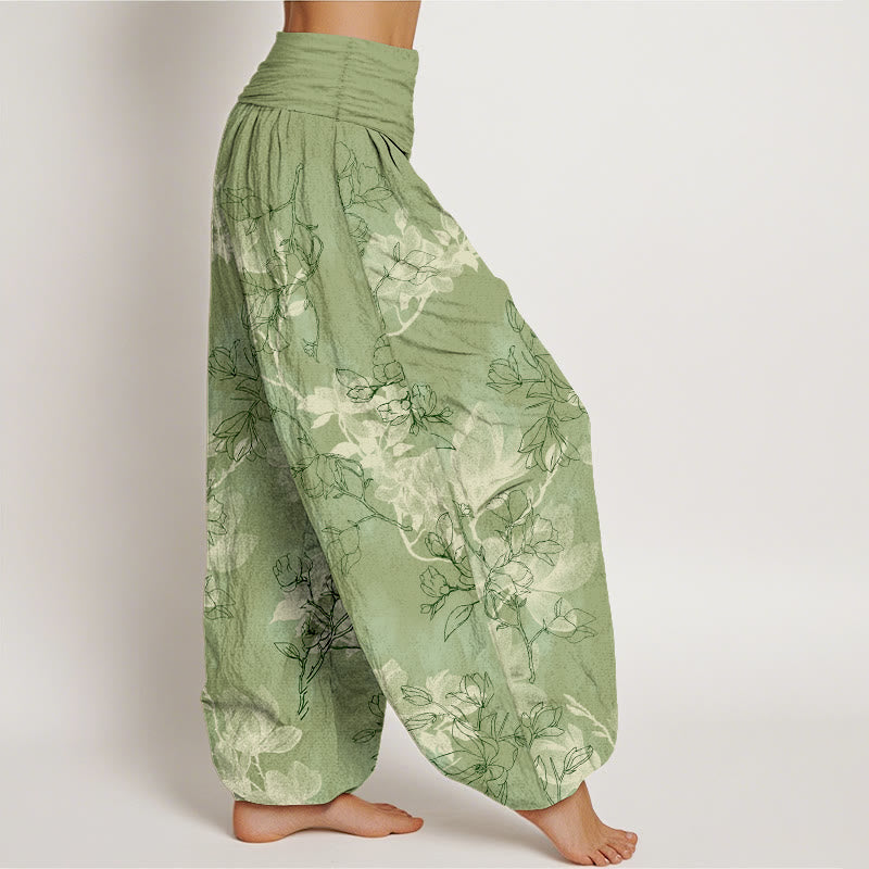 Pantalones harén de algodón con estampado de capullos de flores frescas y Buddha Stones para mujer con cintura elástica - image 2