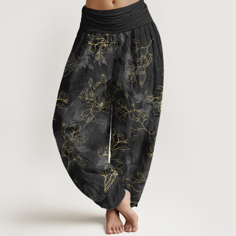 Pantalones harén de algodón con estampado de capullos de flores frescas y Buddha Stones para mujer con cintura elástica - Negro - US16，UK/AU20，EU48 (3XL) - image 5