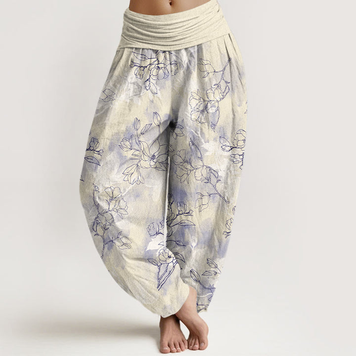 Pantalones harén de algodón con estampado de capullos de flores frescas y Buddha Stones para mujer con cintura elástica - Amarillo vara de oro claro - US16，UK/AU20，EU48 (3XL) - image 8