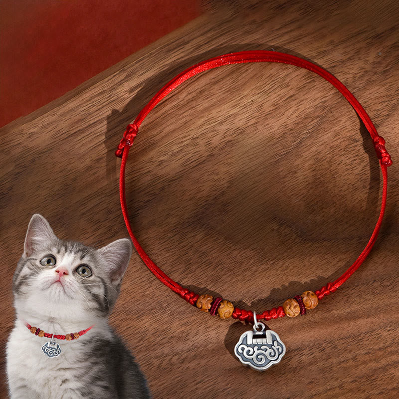 Collar ajustable con cuentas de madera de durazno y cierre de longevidad de plata con Buddha Stones, hilo rojo, para gatos y perros pequeños. - Cuerda roja - 50-65 cm - image 0