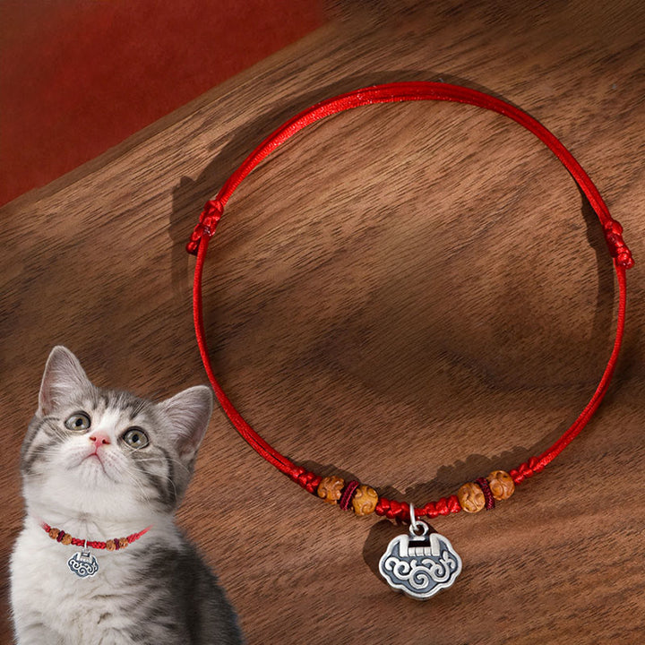 Collar ajustable con cuentas de madera de durazno y cierre de longevidad de plata con Buddha Stones, hilo rojo, para gatos y perros pequeños. - Cuerda roja - 50-65 cm - image 0