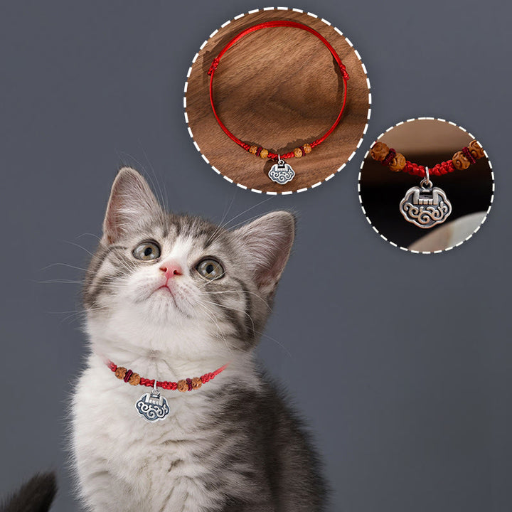 Collar ajustable con cuentas de madera de durazno y cierre de longevidad de plata con Buddha Stones, hilo rojo, para gatos y perros pequeños. - image 14