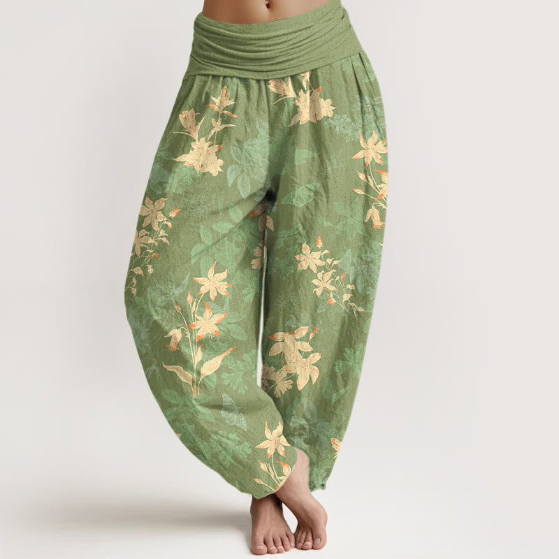 Pantalones Buddha Stones con estampado de hojas y flores frescas y refinadas para mujer, con cintura elástica - AmarilloVerde - US16，UK/AU20，EU48 (3XL) - image 8