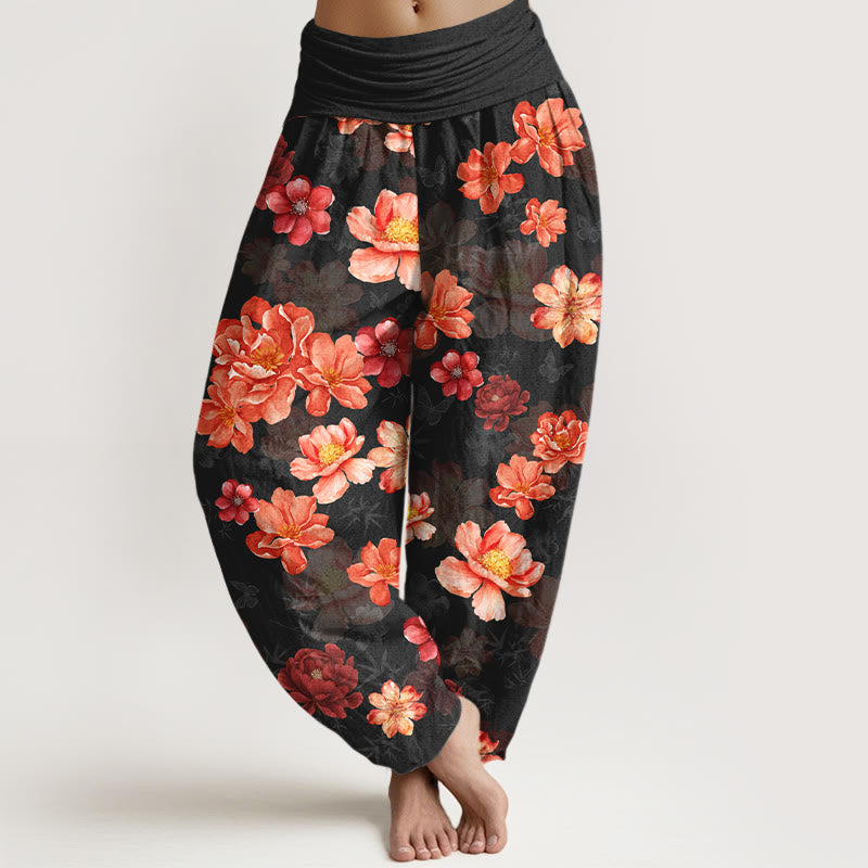Pantalones Buddha Stones de algodón con estampado floral de colores intensos y cintura elástica para mujer - Negro - US16，UK/AU20，EU48 (3XL) - image 0