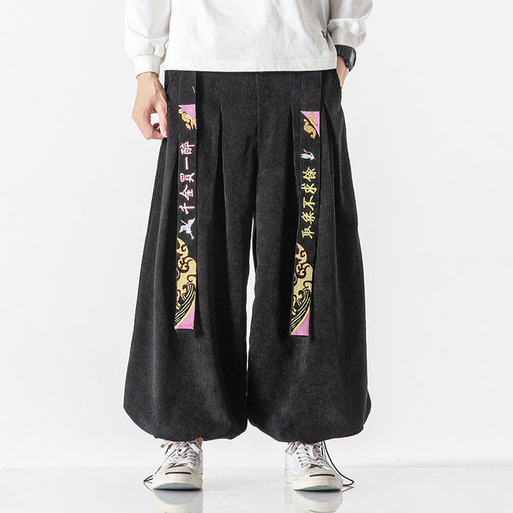Pantalones de pana con bordado de caracteres chinos y cordones para hombre, otoño e invierno, con Buddha Stones y bolsillos - Negro - US/UK/AU46, EU56 (5XL) - image 0