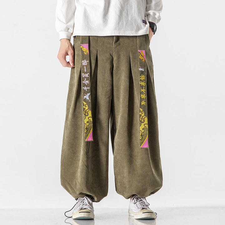 Pantalones de pana con bordado de caracteres chinos y cordones para hombre, otoño e invierno, con Buddha Stones y bolsillos - Verde oliva - US/UK/AU46, EU56 (5XL) - image 8