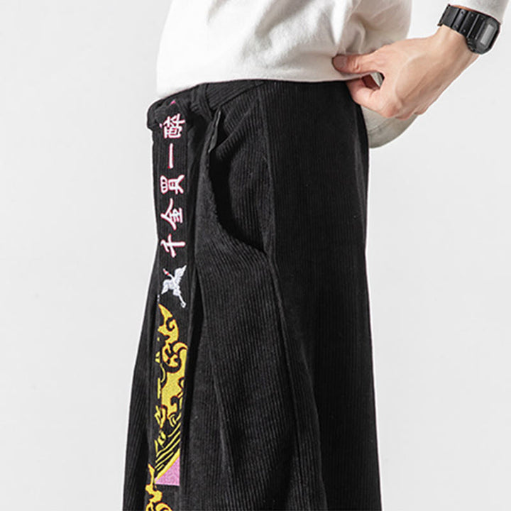Pantalones de pana con bordado de caracteres chinos y cordones para hombre, otoño e invierno, con Buddha Stones y bolsillos - image 2
