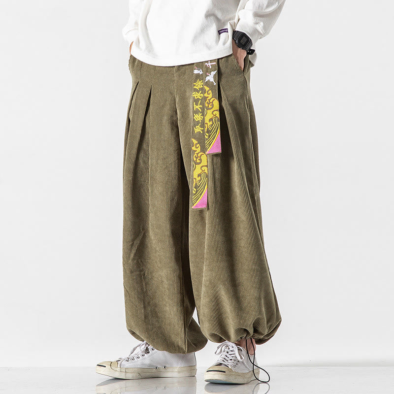 Pantalones de pana con bordado de caracteres chinos y cordones para hombre, otoño e invierno, con Buddha Stones y bolsillos - image 9