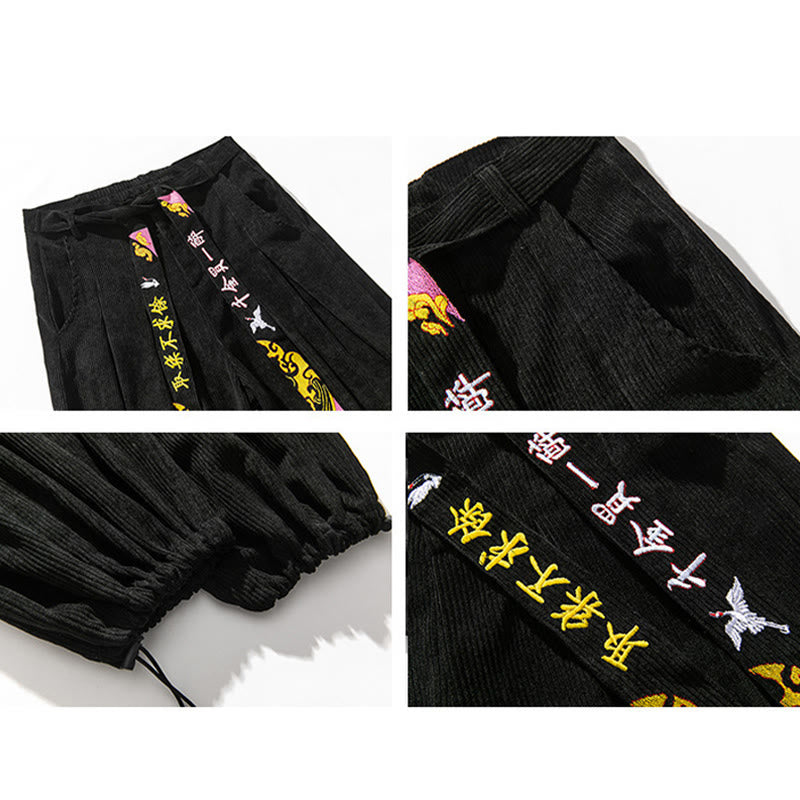 Pantalones de pana con bordado de caracteres chinos y cordones para hombre, otoño e invierno, con Buddha Stones y bolsillos - image 4
