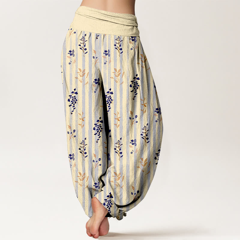 Pantalones Buddha Stones de algodón con estampado de hojas a rayas de colores suaves y cintura elástica para mujer - image 9