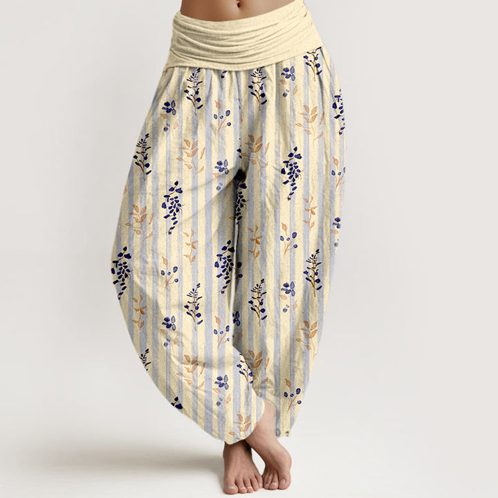 Pantalones Buddha Stones de algodón con estampado de hojas a rayas de colores suaves y cintura elástica para mujer - Limón Chiffo - US16，UK/AU20，EU48 (3XL) - image 8
