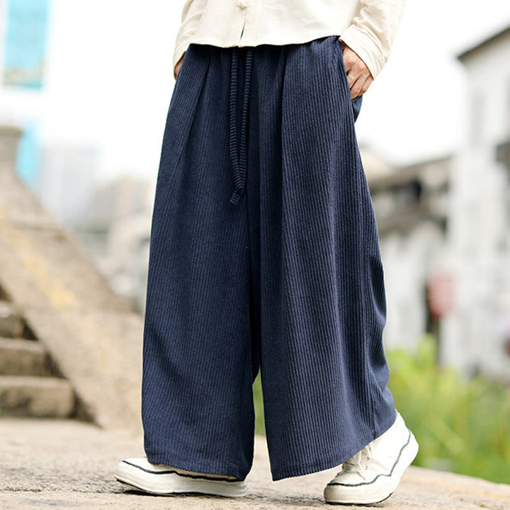 Pantalones anchos de pana con diseño de cordón y bolsillos para hombre, de color liso, con estampado de Buddha Stones. - image 3