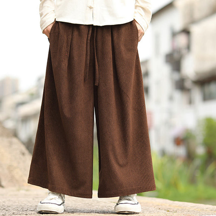 Pantalones anchos de pana con diseño de cordón y bolsillos para hombre, de color liso, con estampado de Buddha Stones. - image 15