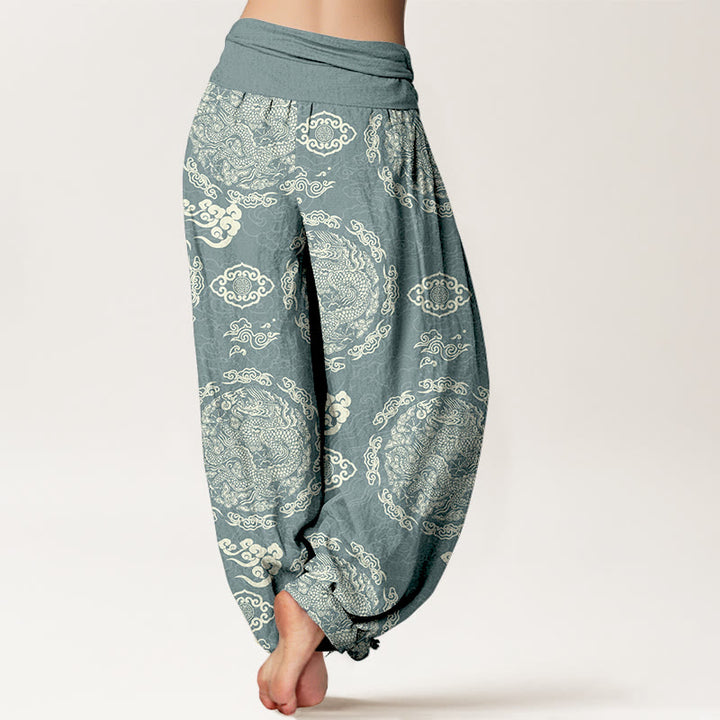 Pantalones Buddha Stones con estampado de nubes y dragón de color claro para mujer, con cintura elástica - image 1