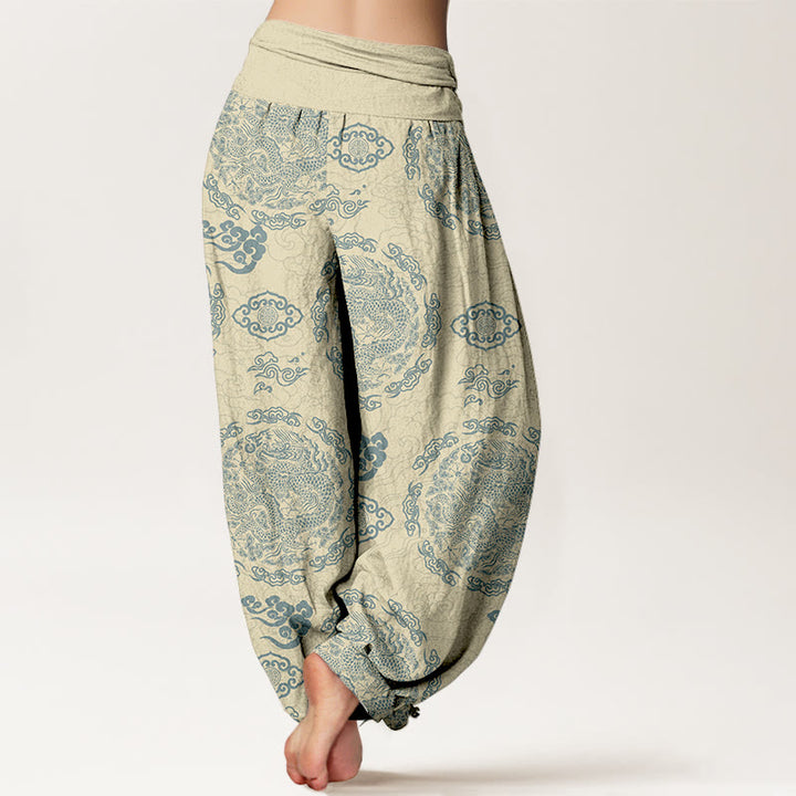 Pantalones Buddha Stones con estampado de nubes y dragón de color claro para mujer, con cintura elástica - image 9