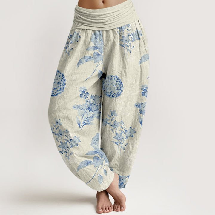 Pantalones Buddha Stones de algodón con estampado de hortensias y flores agrupadas para mujer, con cintura elástica - Beige - US16，UK/AU20，EU48 (3XL) - image 0