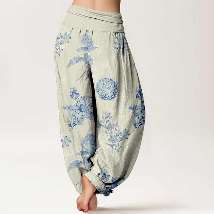 Pantalones Buddha Stones de algodón con estampado de hortensias y flores agrupadas para mujer, con cintura elástica - image 1
