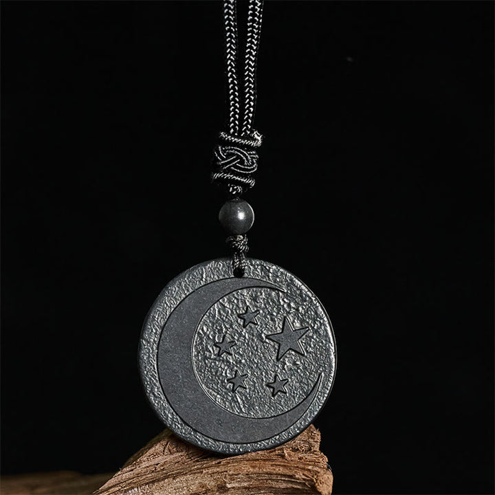 Collar con colgante de piedra de shungita auténtica con diseño redondo de Buddha Stones, luna y estrella. - image 2