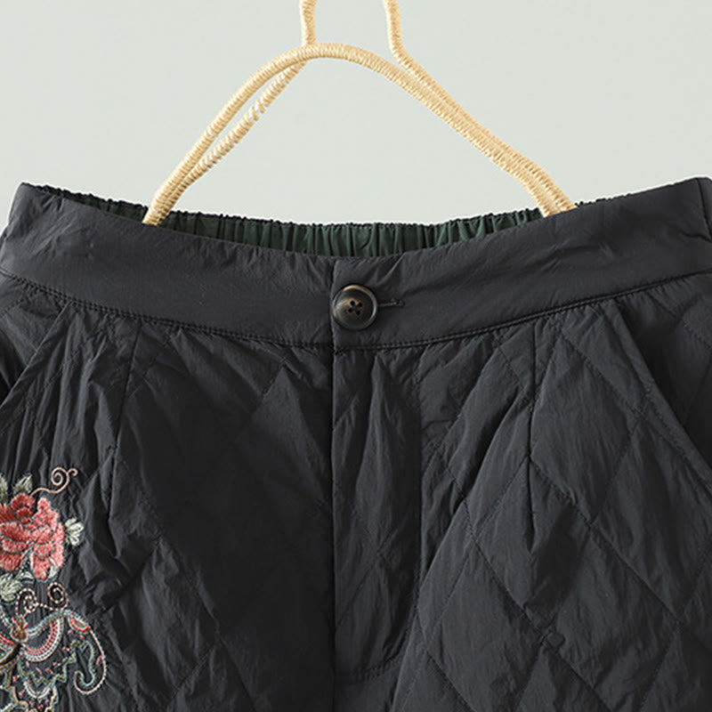 Pantalones gruesos de algodón con estampado de rombos y flores rosas de Buddha Stones para mujer con bolsillos - image 12