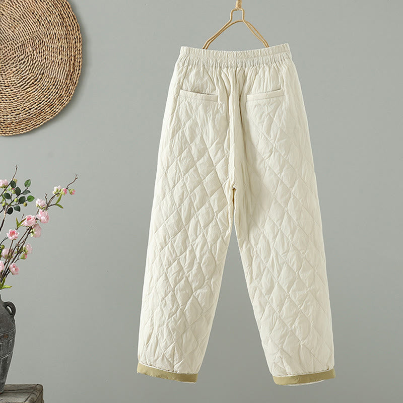 Pantalones gruesos de algodón con estampado de rombos y flores rosas de Buddha Stones para mujer con bolsillos - image 2