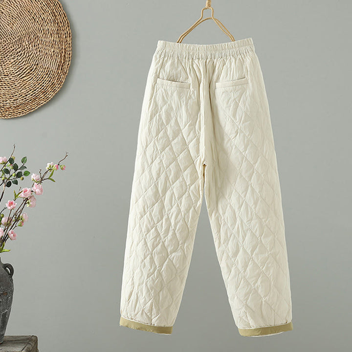 Pantalones gruesos de algodón con estampado de rombos y flores rosas de Buddha Stones para mujer con bolsillos - image 2