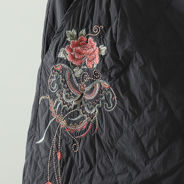 Pantalones gruesos de algodón con estampado de rombos y flores rosas de Buddha Stones para mujer con bolsillos - image 13