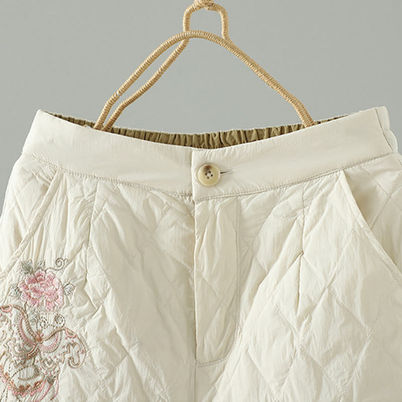 Pantalones gruesos de algodón con estampado de rombos y flores rosas de Buddha Stones para mujer con bolsillos - image 3