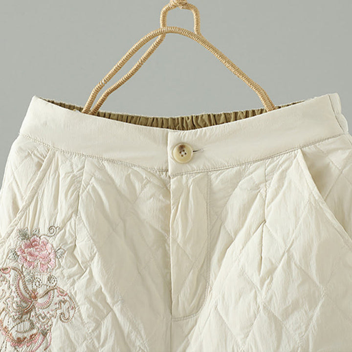 Pantalones gruesos de algodón con estampado de rombos y flores rosas de Buddha Stones para mujer con bolsillos - image 3