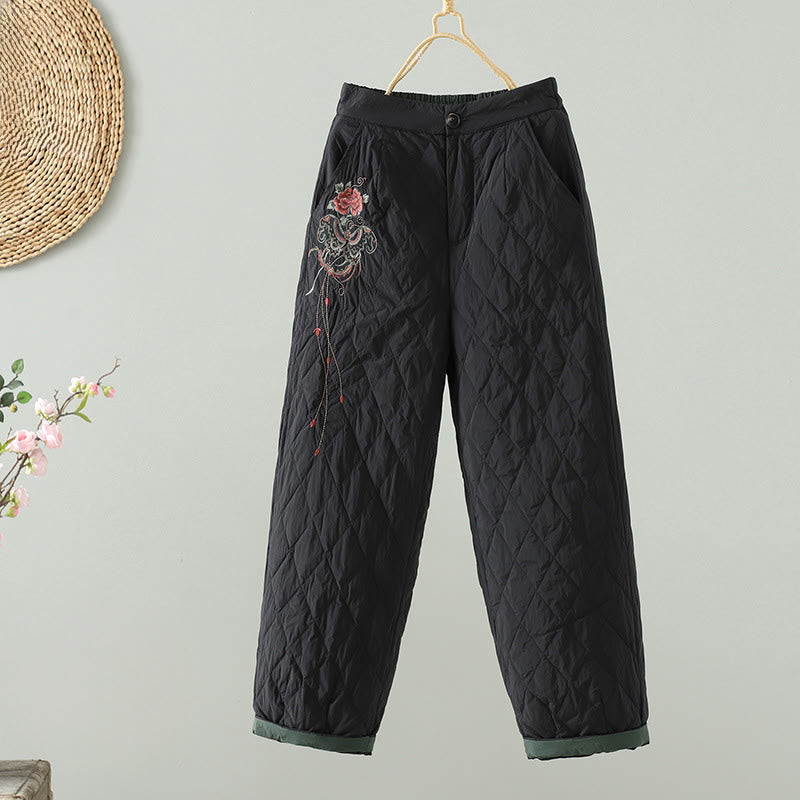 Pantalones gruesos de algodón con estampado de rombos y flores rosas de Buddha Stones para mujer con bolsillos - Negro - US8-10，UK/AU12-14，EU40-42 (2XL) - image 11