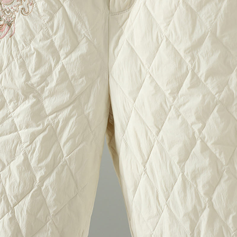 Pantalones gruesos de algodón con estampado de rombos y flores rosas de Buddha Stones para mujer con bolsillos - image 4