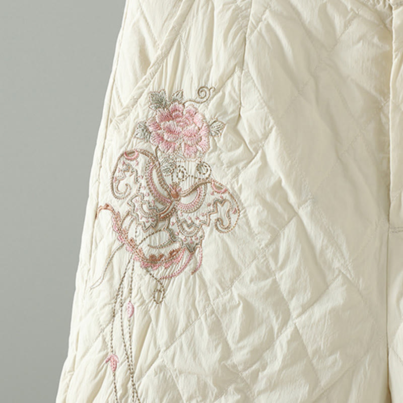 Pantalones gruesos de algodón con estampado de rombos y flores rosas de Buddha Stones para mujer con bolsillos - image 5