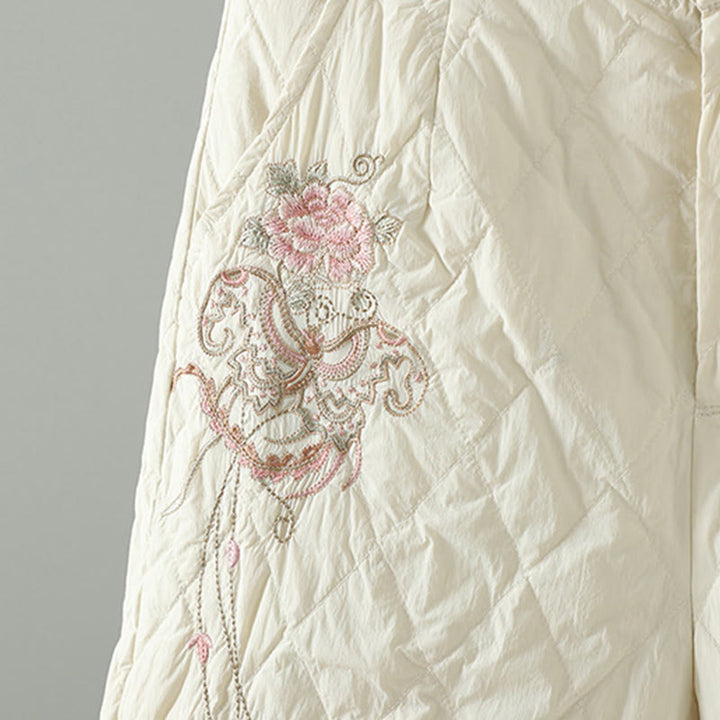 Pantalones gruesos de algodón con estampado de rombos y flores rosas de Buddha Stones para mujer con bolsillos - image 5