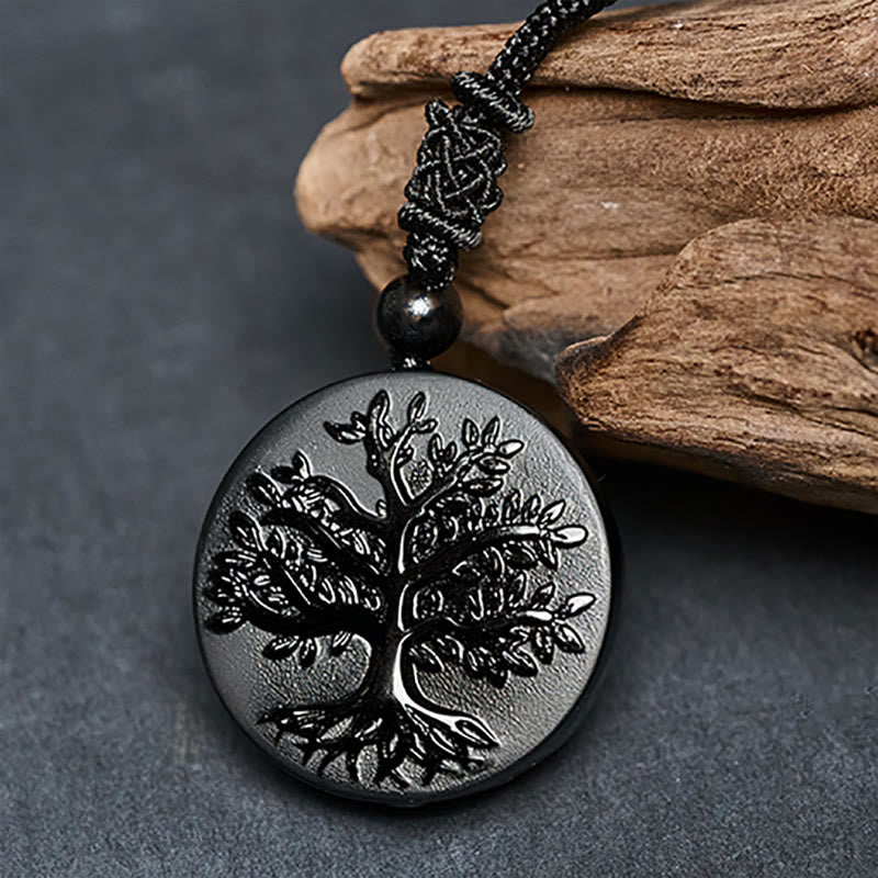 Collar con colgante de obsidiana negra con diseño de árbol de la vida y Buddha Stones - image 3
