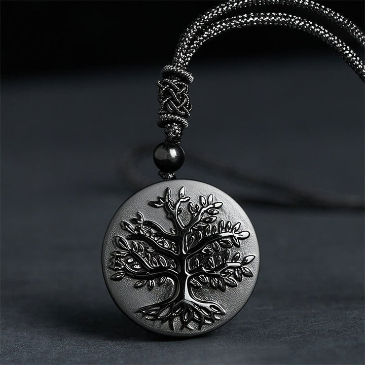 Collar con colgante de obsidiana negra con diseño de árbol de la vida y Buddha Stones - Obsidiana negra (tamaño del colgante: aprox. 30 mm) - image 0