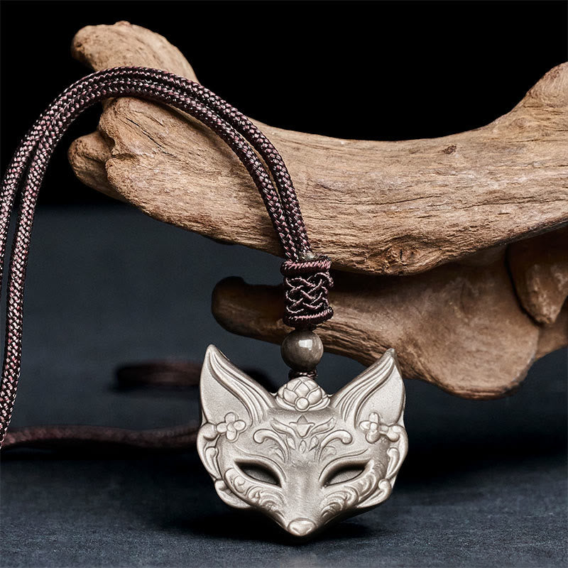 Collar con colgante de protección de obsidiana de hielo y obsidiana plateada con diseño de zorro y relieve de Buddha Stones - image 2