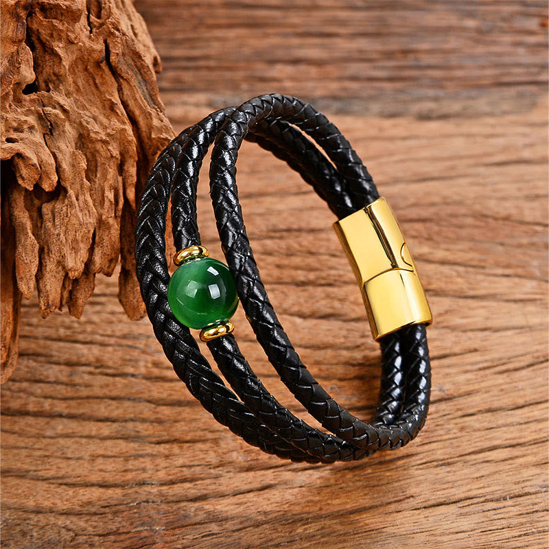 Pulsera de equilibrio de cuero trenzado con seis palabras verdaderas y cuentas multicolores de amatista y lazurita de Buddha Stones - Ojo de tigre verde - 18-22 cm - image 0