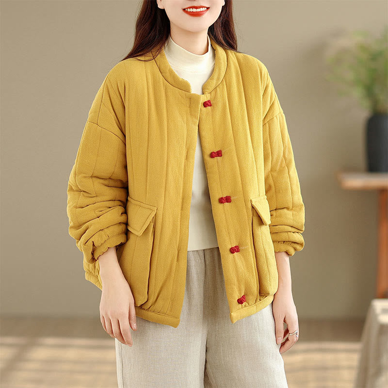 Chaqueta de algodón grueso para mujer, de manga larga, con diseño a rayas y botones de rana y Buddha Stones , con bolsillos - image 8