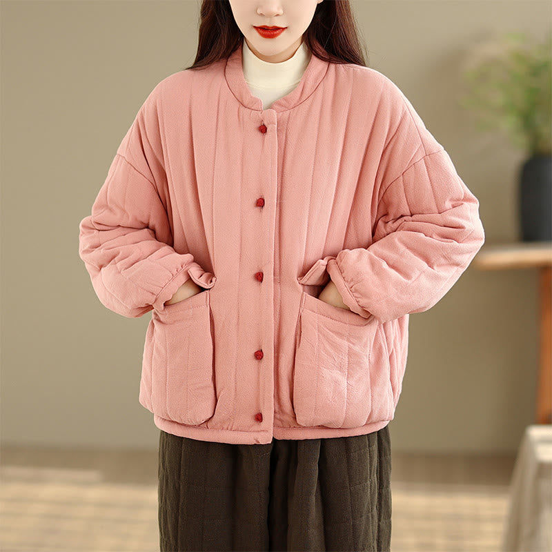 Chaqueta de algodón grueso para mujer, de manga larga, con diseño a rayas y botones de rana y Buddha Stones , con bolsillos - image 1