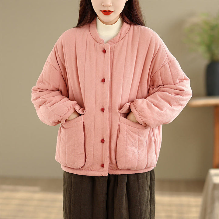 Chaqueta de algodón grueso para mujer, de manga larga, con diseño a rayas y botones de rana y Buddha Stones , con bolsillos - image 1