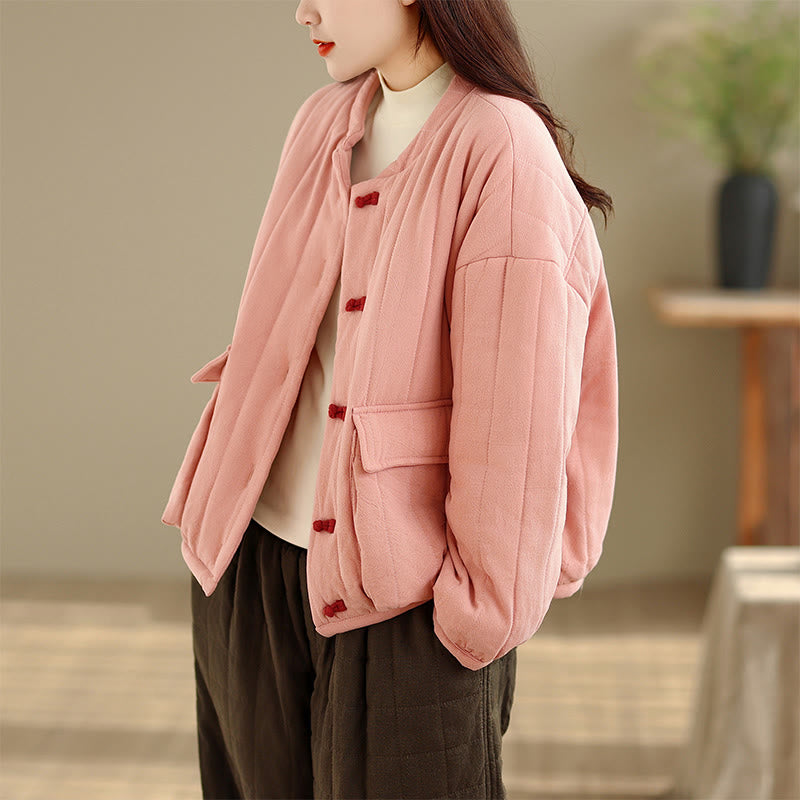 Chaqueta de algodón grueso para mujer, de manga larga, con diseño a rayas y botones de rana y Buddha Stones , con bolsillos - image 4