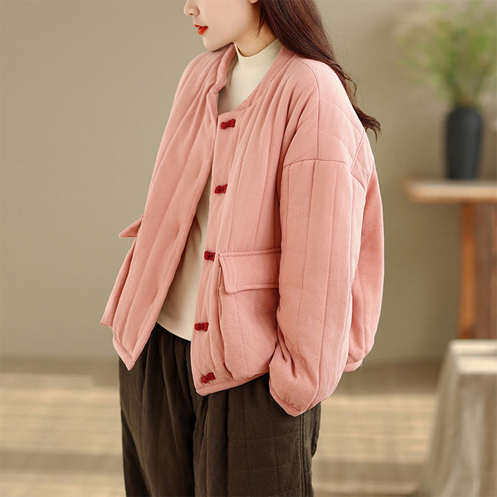 Chaqueta de algodón grueso para mujer, de manga larga, con diseño a rayas y botones de rana y Buddha Stones , con bolsillos - image 4