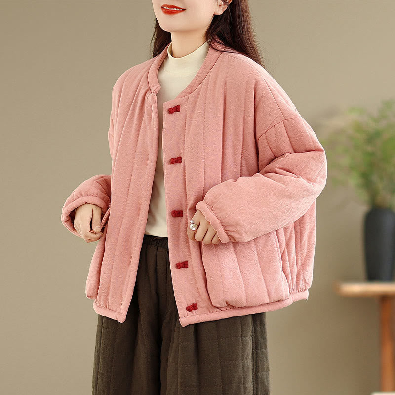 Chaqueta de algodón grueso para mujer, de manga larga, con diseño a rayas y botones de rana y Buddha Stones , con bolsillos - image 3