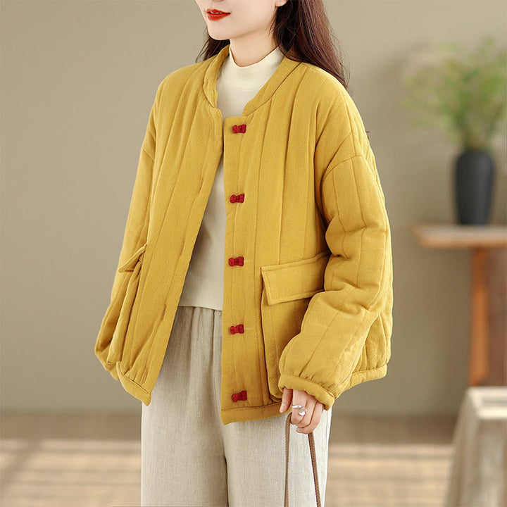 Chaqueta de algodón grueso para mujer, de manga larga, con diseño a rayas y botones de rana y Buddha Stones , con bolsillos - image 12