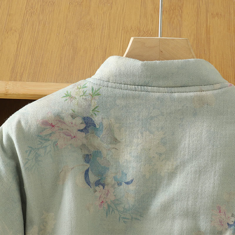 Abrigo de mujer de algodón grueso de manga larga con cuello redondo y estampado de flores y botones de rana con Buddha Stones  - image 14