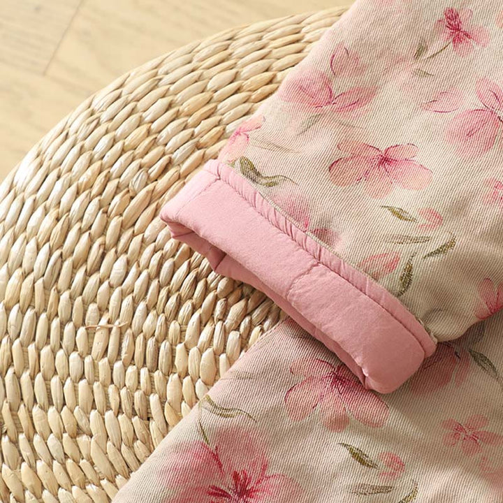 Abrigo de mujer de manga larga y cuello redondo con estampado de flores y botones de rana con Buddha Stones  - image 5