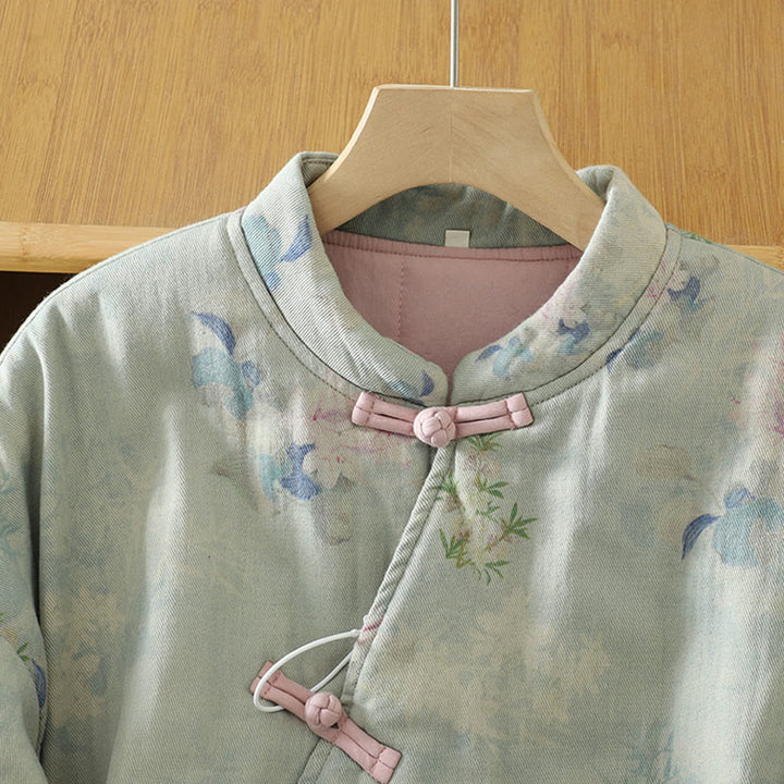 Abrigo de mujer de manga larga y cuello redondo con estampado de flores y botones de rana con Buddha Stones  - image 13