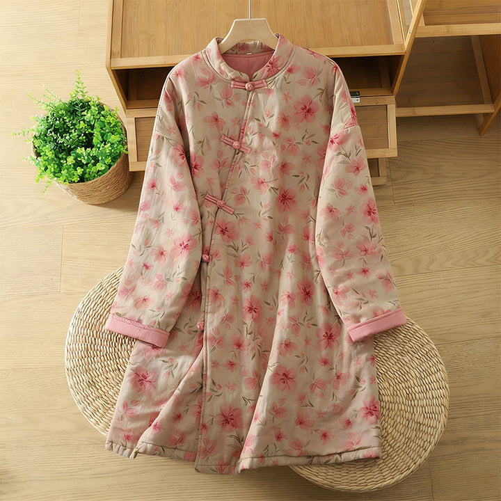 Abrigo de mujer de manga larga y cuello redondo con estampado de flores y botones de rana con Buddha Stones  - Rosa - US14，UK/AU18，EU46 (2XL) - image 0